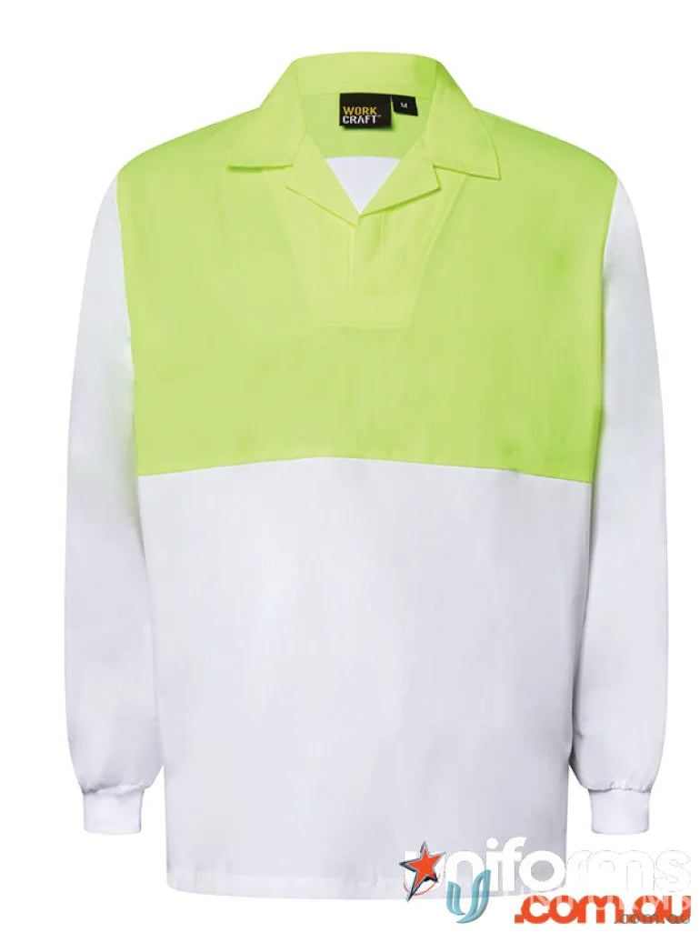 Two-tone long-sleeved polo shirt with dayglow yellow panel, perfect as sun protection jacket or industrial laundry workwear