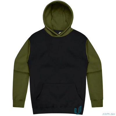 Black and olive green Monash Hoodie perfect for uniforms, with easy chest measurements