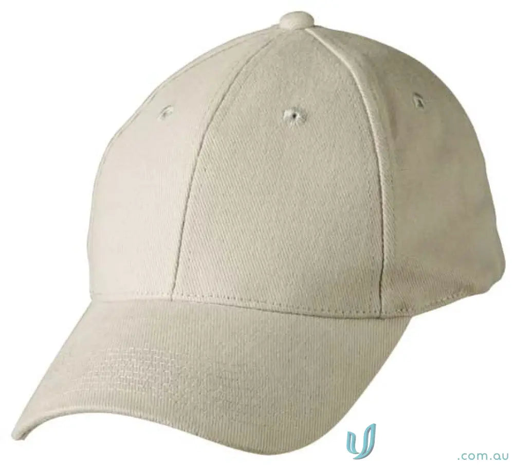 Beige heavy brushed cotton baseball cap from MOQ100 with embroidery included