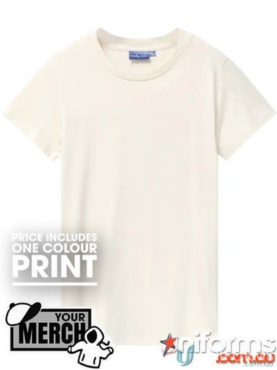 Plain cream-colored t-shirt from MOQ100 Printed LADIES Tee, perfect workwear or uniforms
