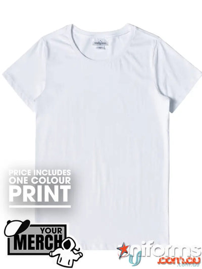 White crew neck T-shirt from MOQ100 Printed LADIES Tee, perfect for work uniforms