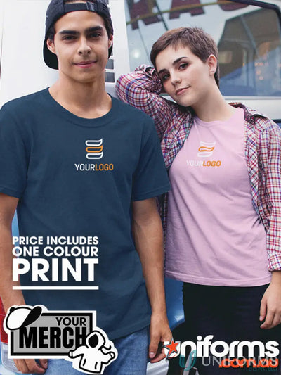 Two people in custom-printed work uniforms wearing MOQ25 Printed ADULT Tee shirts