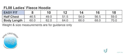 Ladies fleece hoodie size chart for MOQ25 Printed LADIES Hoodie workwear uniforms