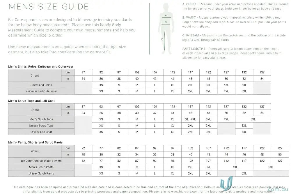 Men’s size guide chart for NBCF Pink Polo, perfect for bizcare men’s pink short style