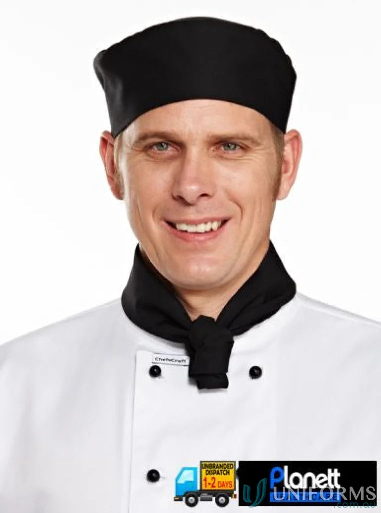 Chef wearing black hat and workcraft neckerchief for hospitality teams CC104