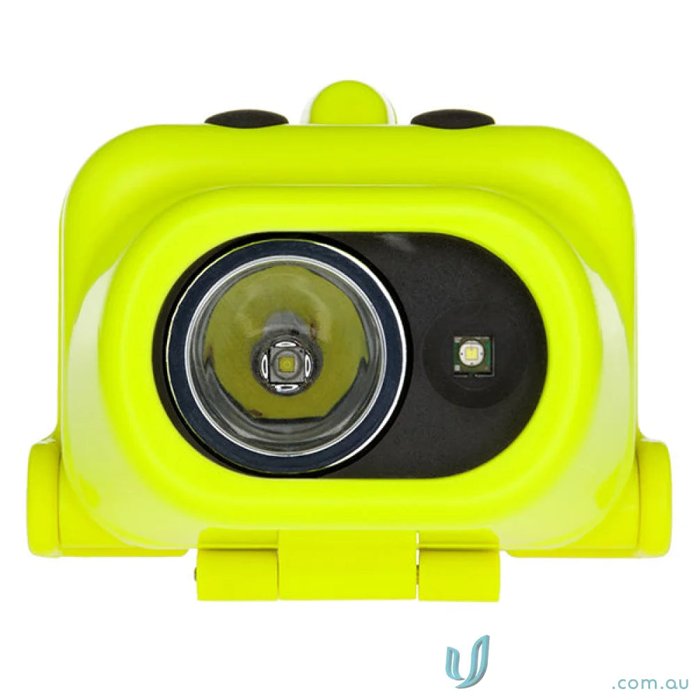 Yellow headlamp with two light sources, elastic strap, and heavy-duty rubber build