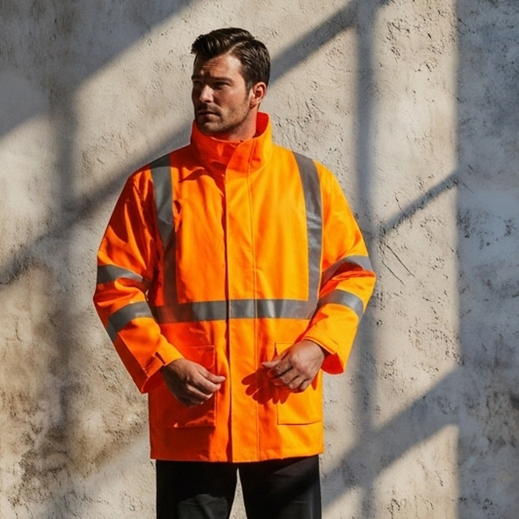 NSW Rail hi vis reflective jacket with bright orange bio-motion x-pattern