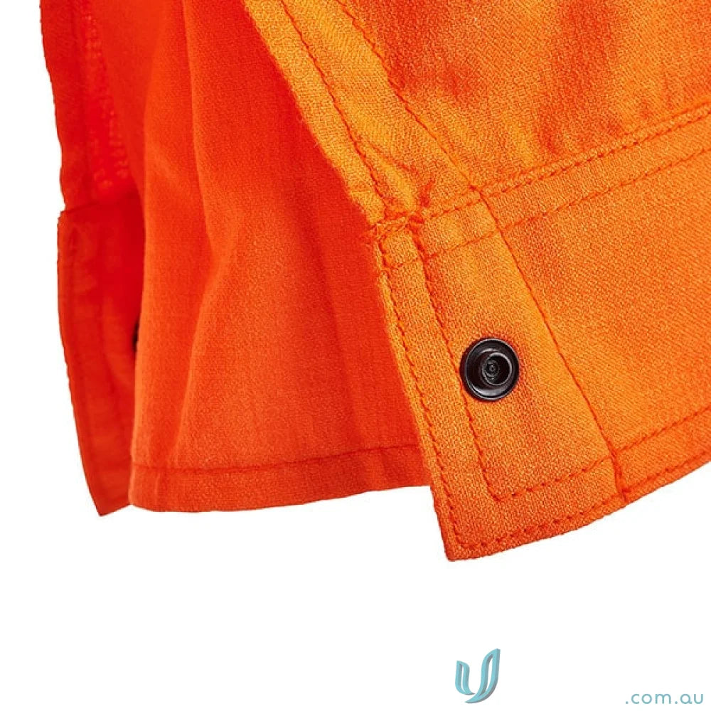 Orange shirt cuff with snap on NSW Rail HRC2 shirt featuring perforated reflective tape