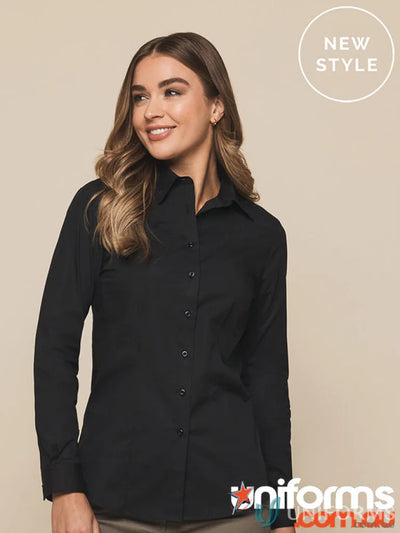 Woman wearing Olsen Cotton Stretch Shirt in black, stylish cotton stretch shirt for women