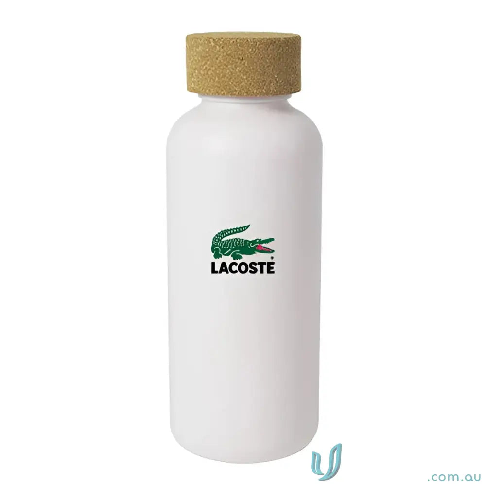 White Lacoste water bottle with natural cork cap, organic 650ml sugar cane eco friendly
