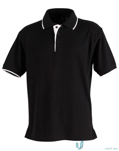 Black ps08 Liberty Polo with white trim from Winning Spirit Pique workwear solution