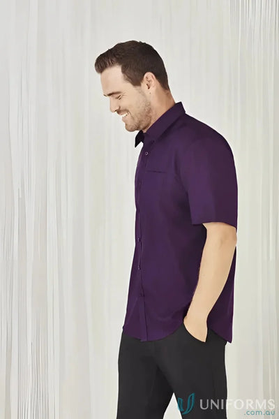 Man wearing a purple mens Oasis short sleeve shirt from the Oasis Shirt collection