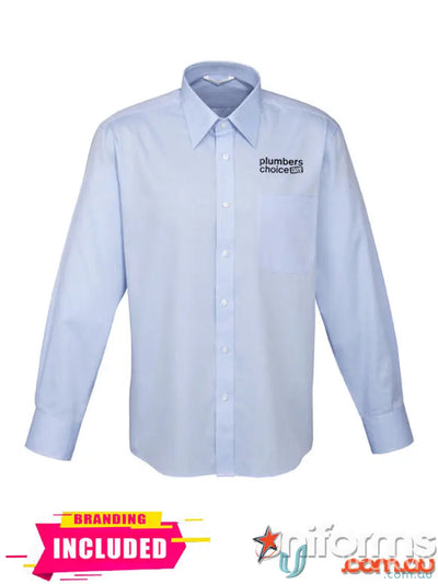 Light blue long-sleeved button-down shirt for work uniforms in Plumbers Choice EM