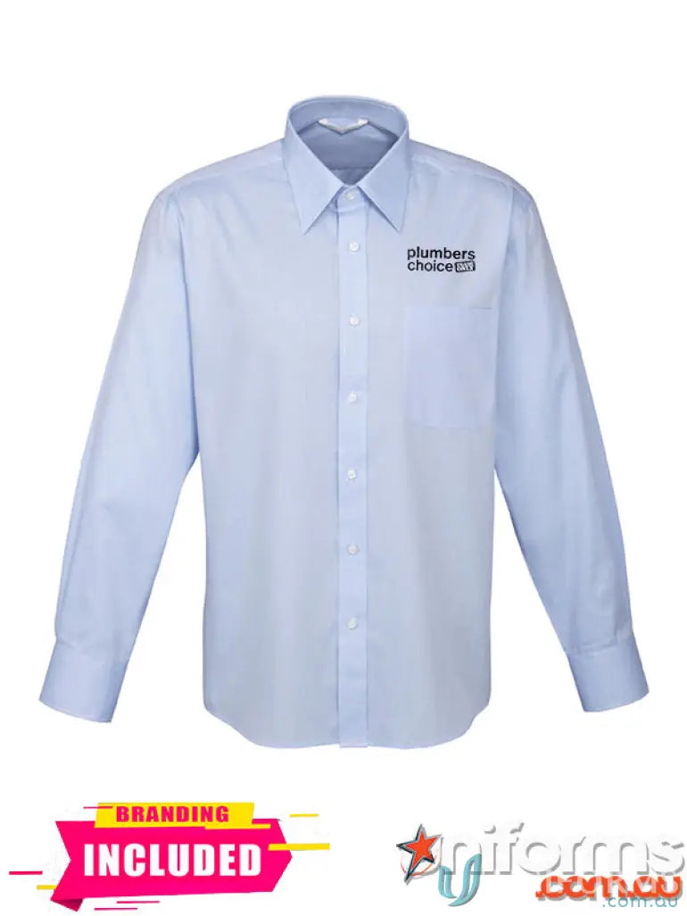 Light blue long-sleeved button-down shirt for work uniforms in Plumbers Choice EM