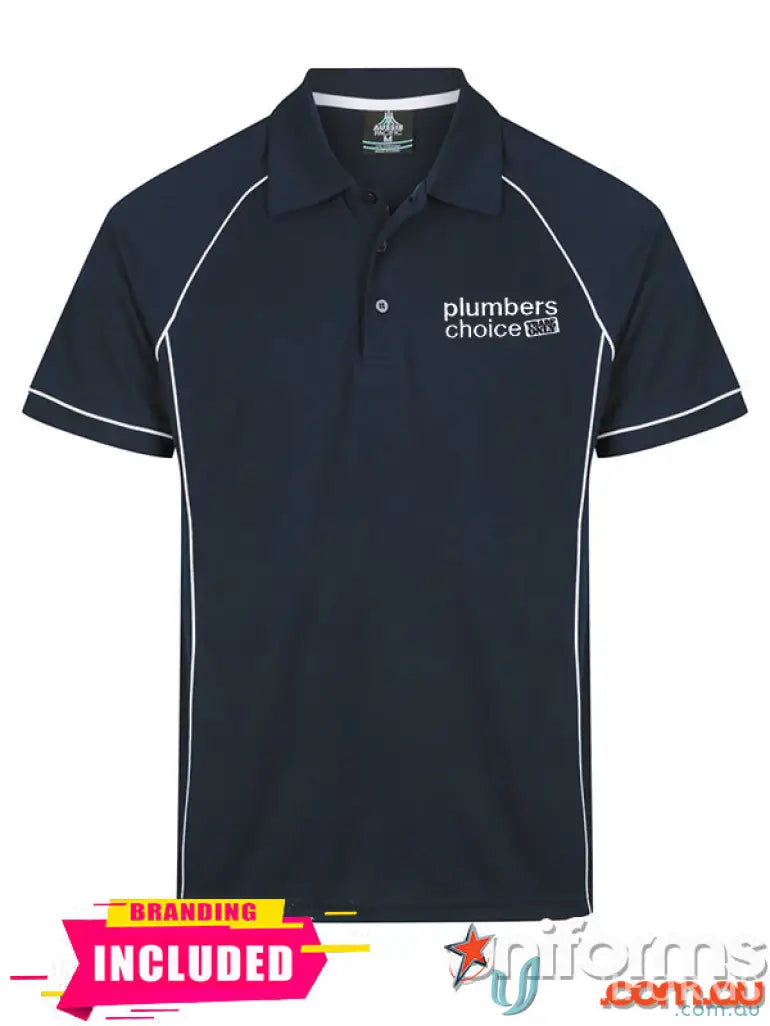 Navy polo shirt with white trim from Plumbers Choice EMB workwear in s-3xl size