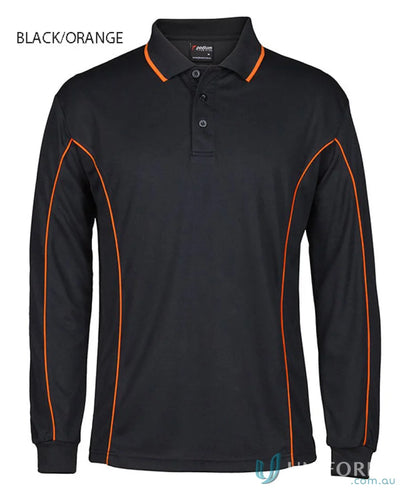 Black long sleeve polo with orange trim from JBs Podium Piping Long Sleeve Polo, built-in UV protection