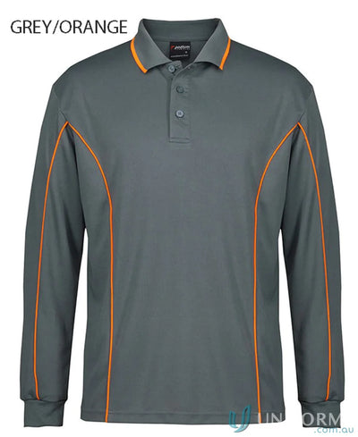 Grey long sleeve polo with orange trim from JBs Podium Piping Long collection