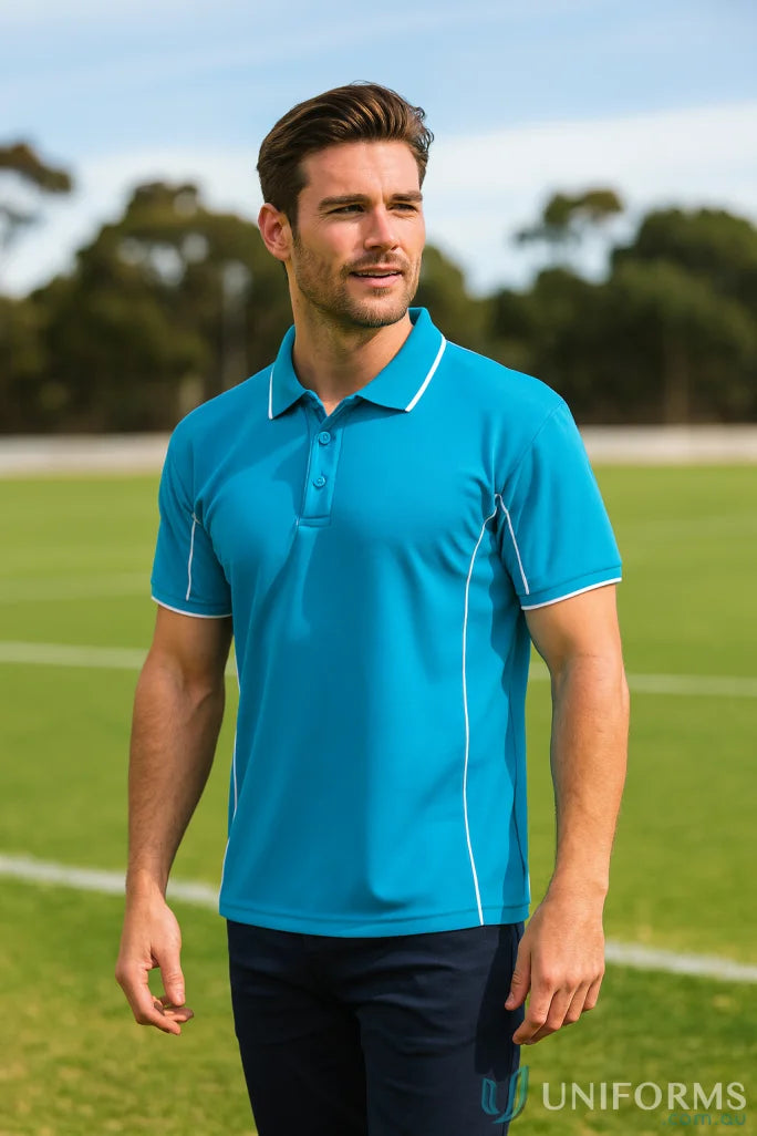 Mens teal Podium Piping Polo with white trim made with JBs Podium cooling fabric