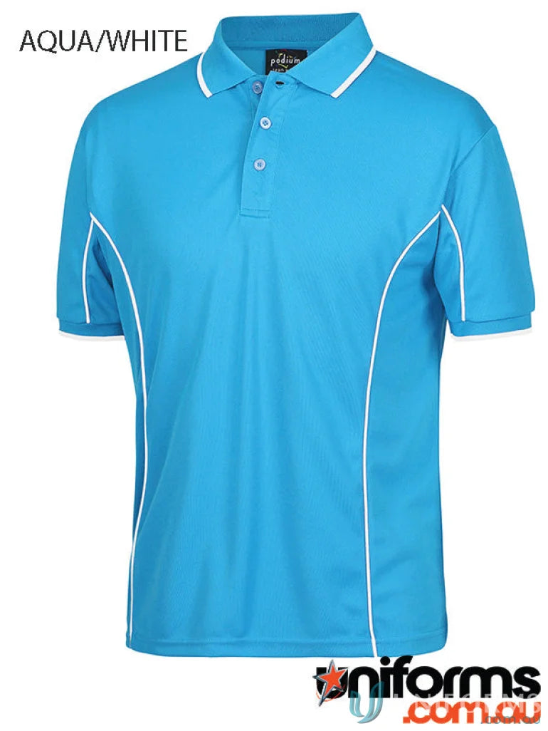 Aqua and white JBs Podium Piping Polo made with podium cooling fabric, short sleeve