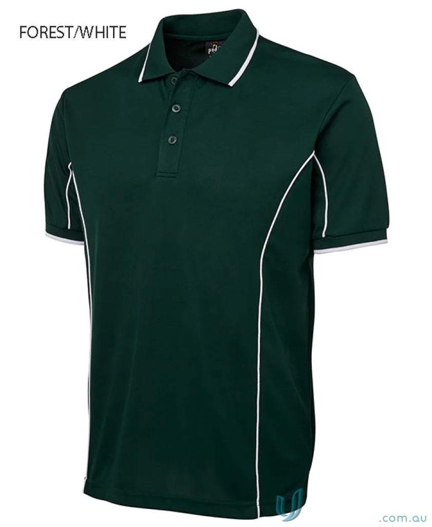Forest green JBs Podium piping short sleeve polo with white trim in podium cooling fabric
