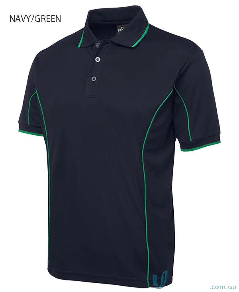 JBs Podium piping short sleeve polo in navy and green made with podium cooling fabric