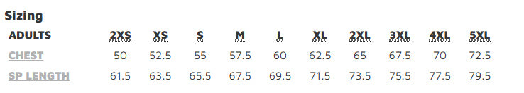 PolarTech Vest size chart