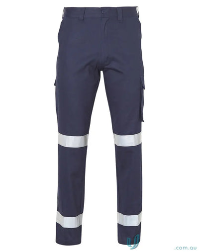 Navy blue pre-shrunk drill pants with reflective stripes cargo pockets built tough