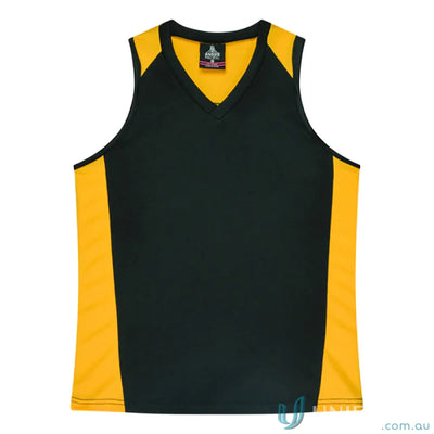Black and gold sleeveless sports jersey with fabric neck bind for the Premier Singlet