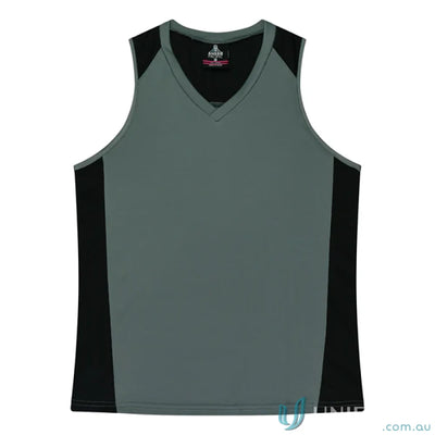 Gray and black V-neck tank top showing fabric neck bind from Premier Singlet