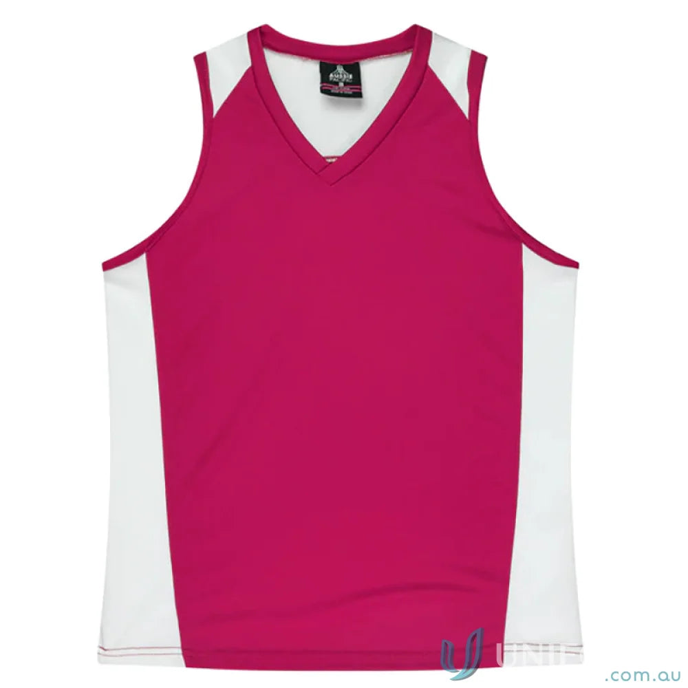 Magenta and white Premier Singlet with fabric neck bind V-neck tank top