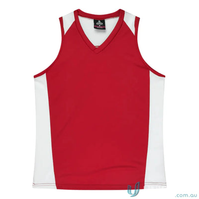 Red and white V-neck athletic tank top with fabric neck bind for a comfy fit