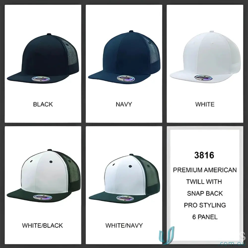 Trucker-style snapback caps in solid and two-tone colors with pro sticker for uniforms