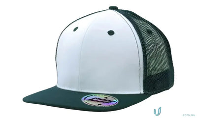 White and dark green mesh back baseball cap with flat brim and pro sticker for uniforms