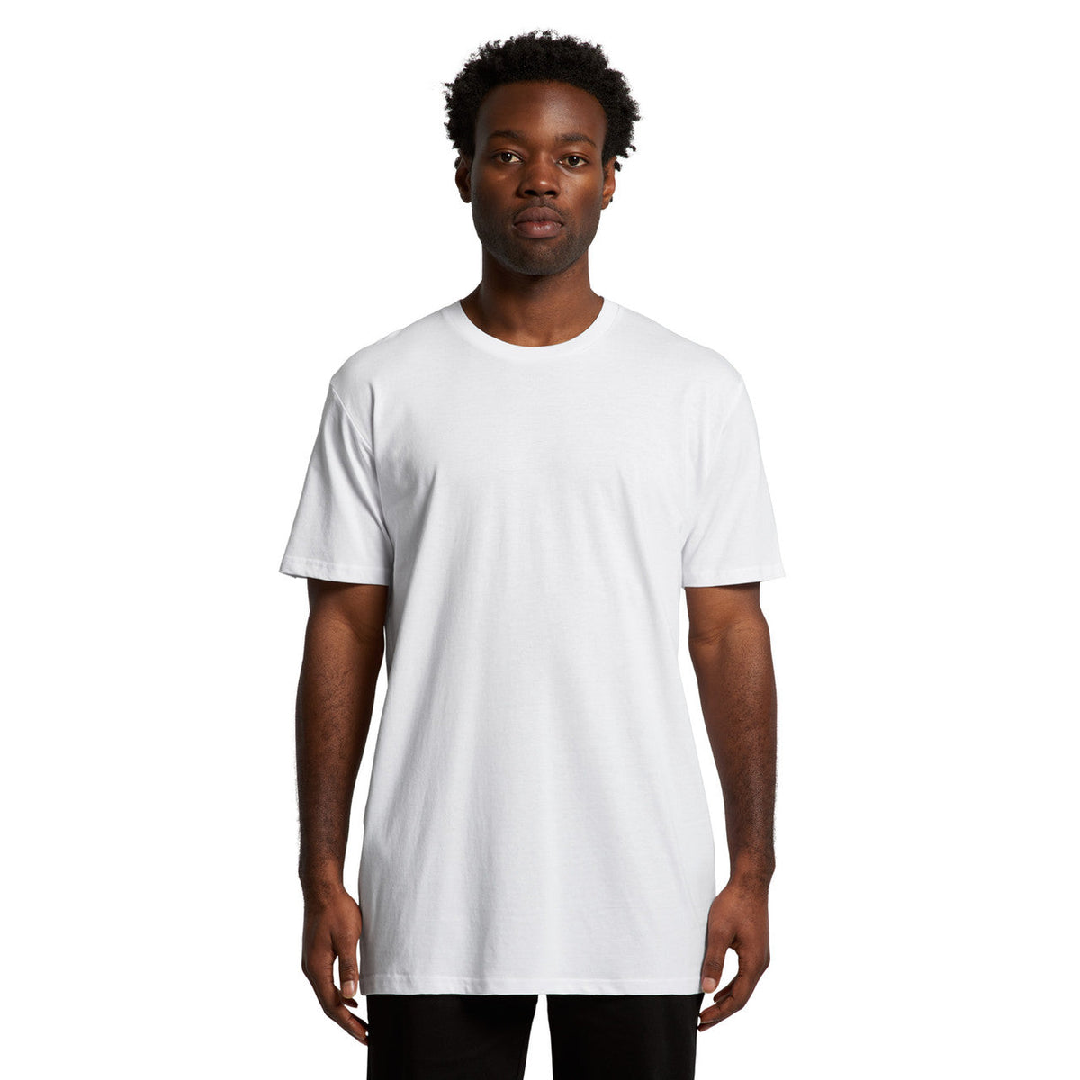 White crew neck t-shirt with short sleeves and a relaxed fit.
