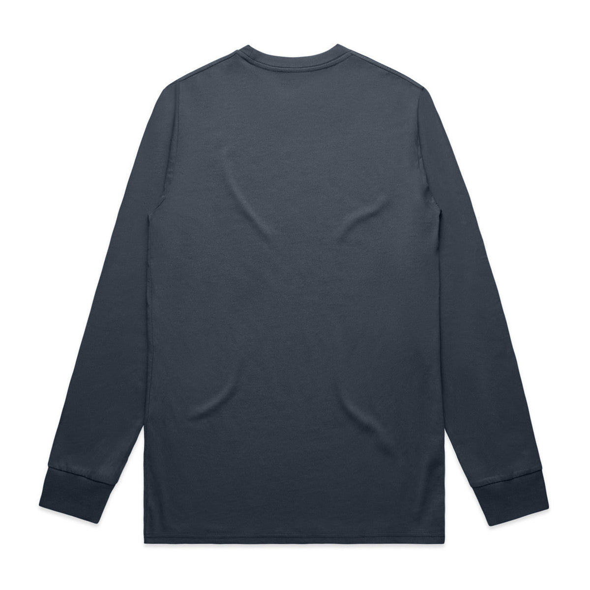 Charcoal gray long-sleeved t-shirt with a crew neck and ribbed cuffs.