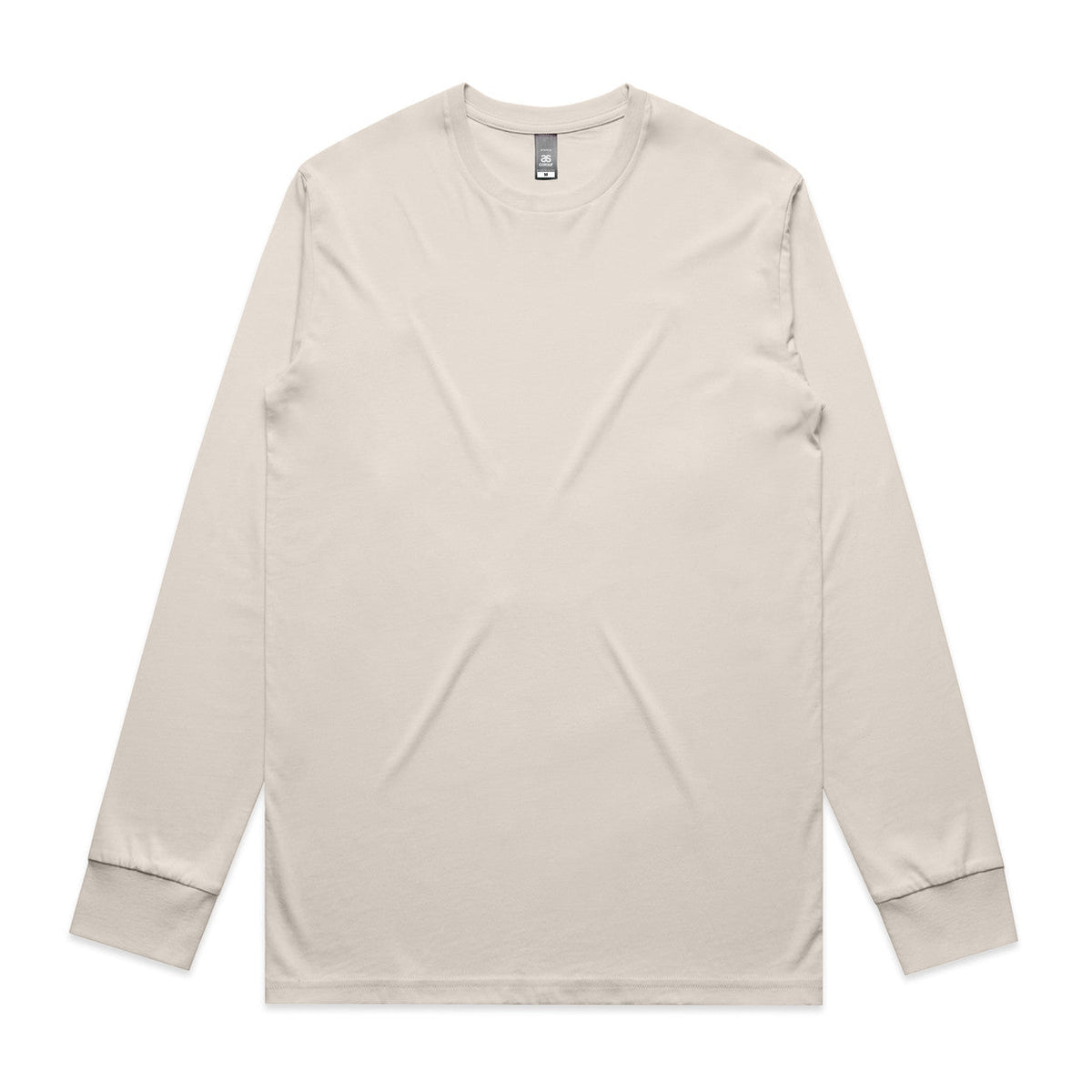 Beige long-sleeved t-shirt with ribbed cuffs and hem, made of soft cotton.