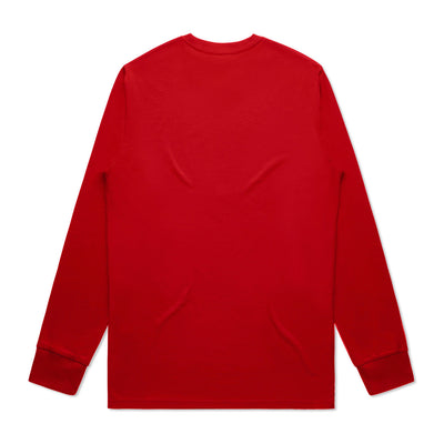 Red long-sleeved t-shirt with a large, heart-shaped pocket on the back.