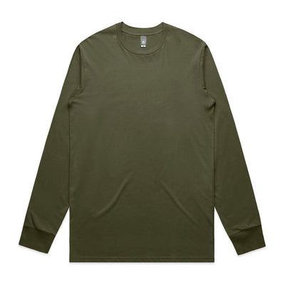 Olive green long-sleeved t-shirt with a crew neck and ribbed cuffs.
