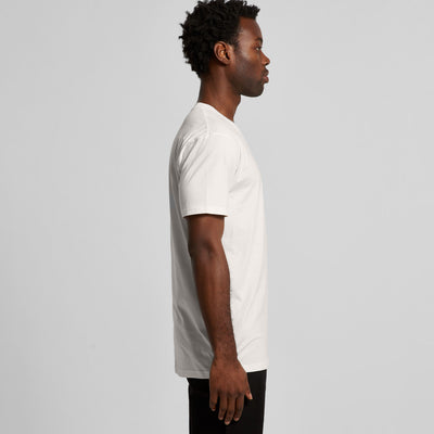 White crew neck t-shirt with black pants and a simple design.