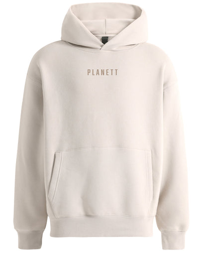 Premium oversized bone hoodie in cream color with minimal design and subtle front pocket ideal for work uniforms