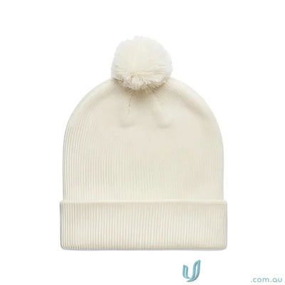 Off-white recycled acrylic pom pom beanie with matching pom pom for winter warmth