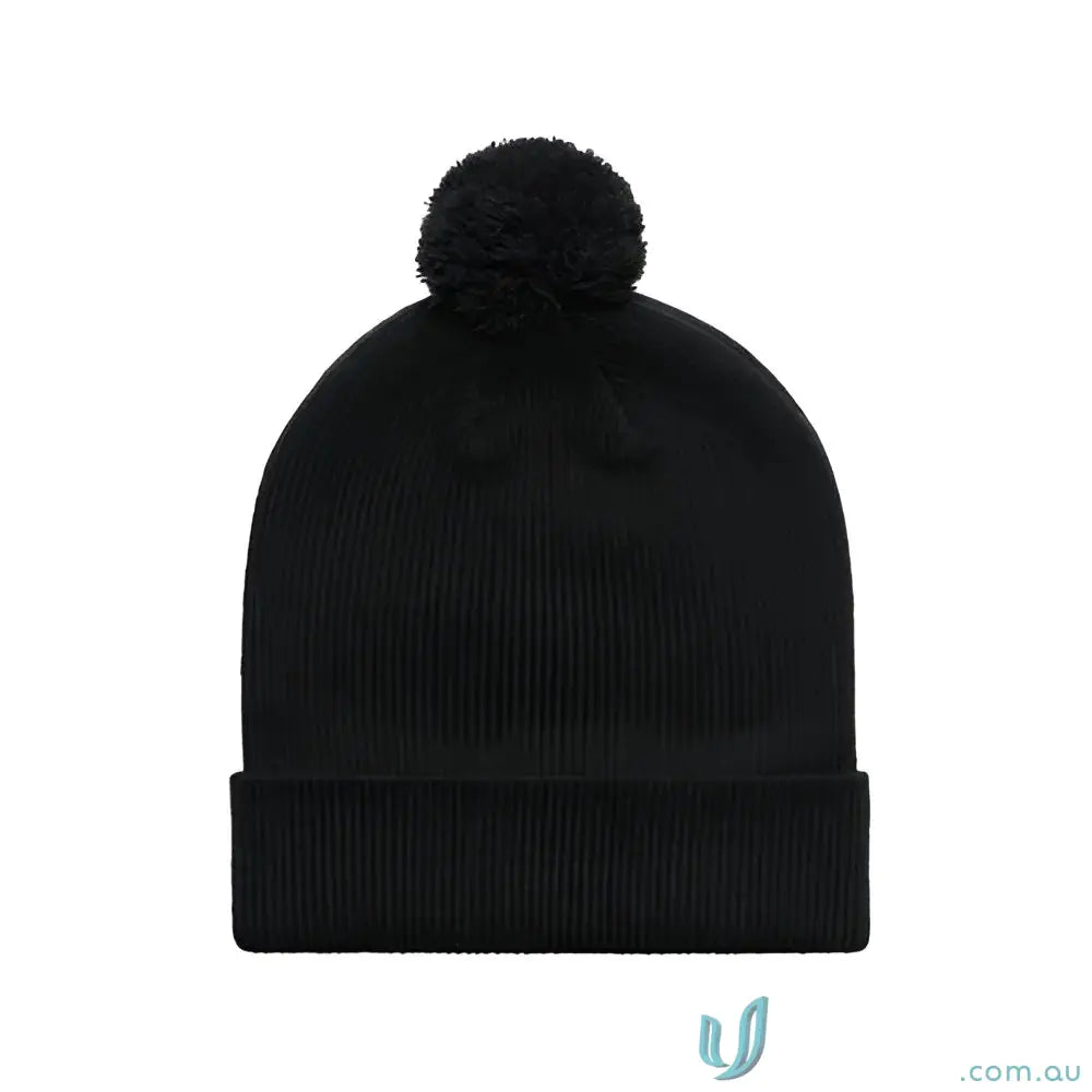 Black knit pom pom beanie made from recycled acrylic with a folded brim