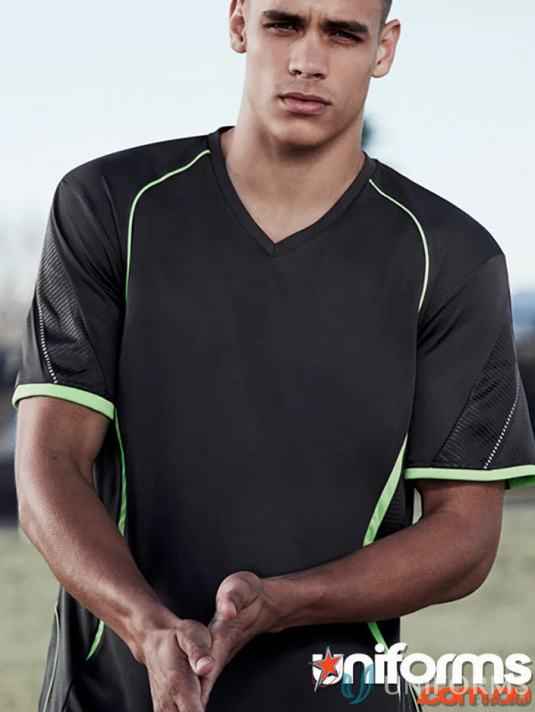 Black and green Razor Tee mens razor short with self-fabric v-neck band for gym flex