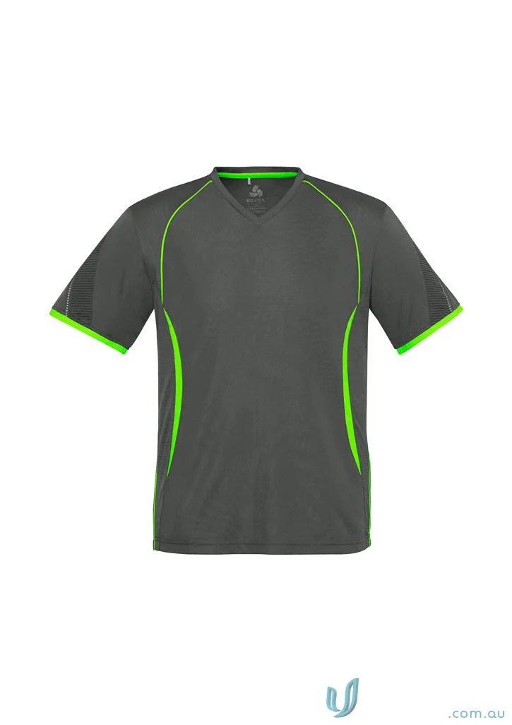 Gray Razor Tee mens razor short athletic shirt with green trim and self-fabric v-neck band