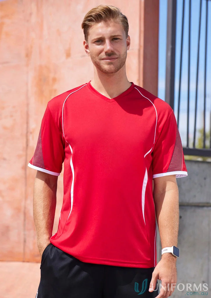 Red and white Razor Tee mens razor short with self-fabric V-neck band for active wear