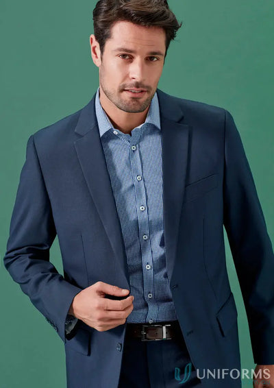 Man in navy Renew City Fit Jacket with recycled polyester, perfect for hospitality teams