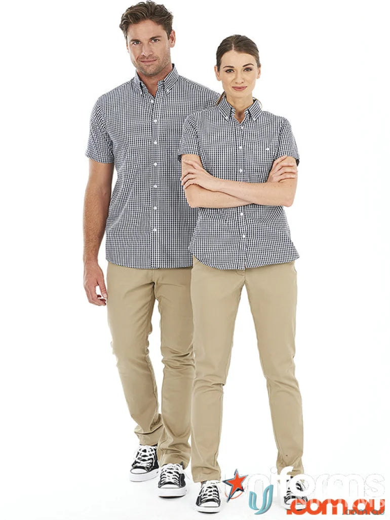 Matching checkered shirts and khaki pants with Riley Chino Pant, perfect chino pant style