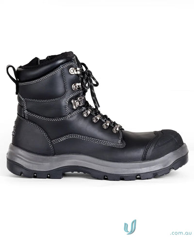 Black leather work boot with durable sole for uniforms and workwear, Roadtrain Side Zip Safety Boot