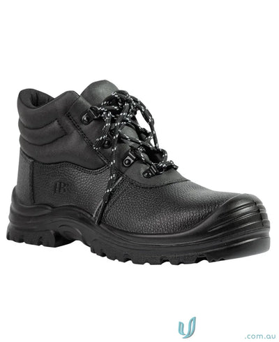 Black leather work boot with rugged sole perfect for workwear and uniforms