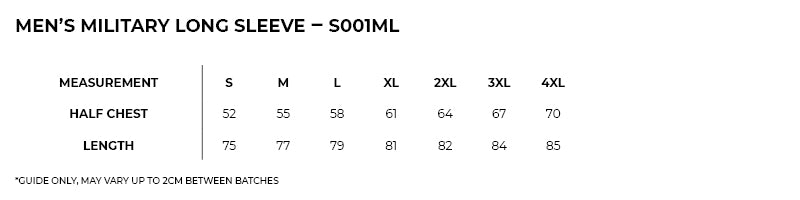 Fashion Military LS Shirt size chart